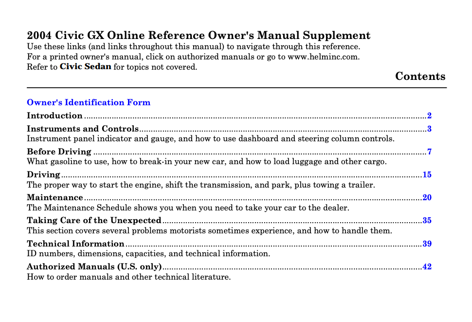2004 Honda Civic GX Owner’s Manual Supplement (4-door: GX) Image