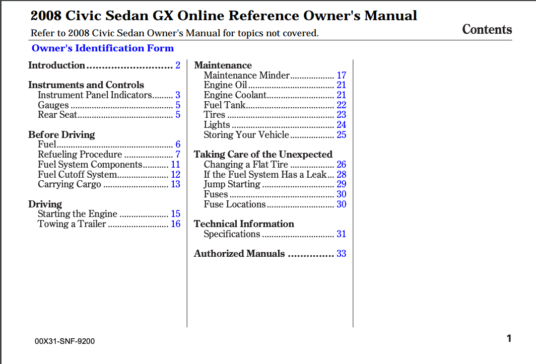 2008 Honda Civic Sedan GX Online Reference Owner’s Manual Image