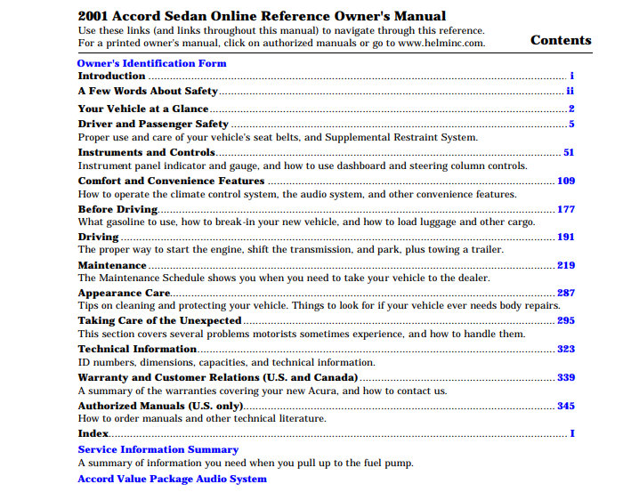 2001 Honda Accord Sedan Owner’s Manual Image