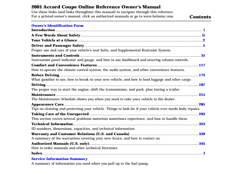 2001 Honda Accord Coupe Owner’s Manual Image