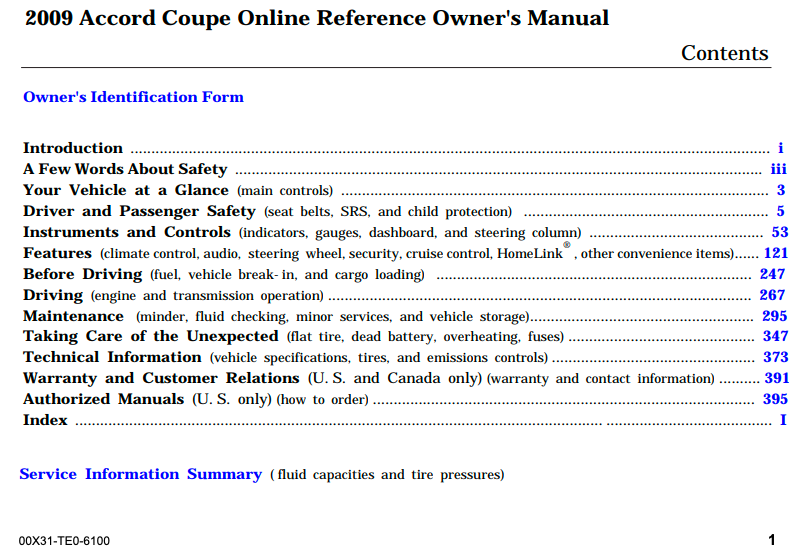 2009 Honda Accord Coupe Owner’s Manual Image