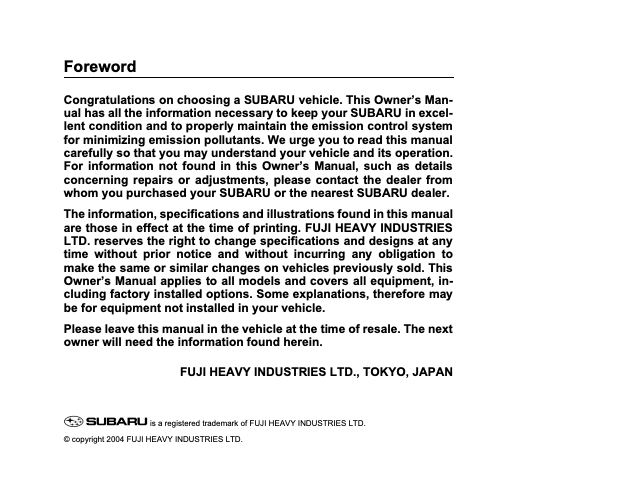 2005 Subaru Forester 2.5 XS L.L. Bean Owner’s Manual Image