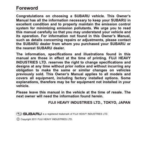 2012 Subaru Forester 2.5X Owner’s Manual Image