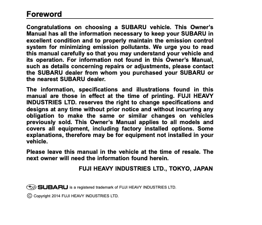 2015 Subaru Forester 2.5i Owner’s Manual Image