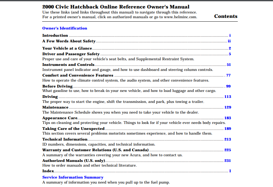 2000 Honda Civic Hatchback Owner’s Manual Image