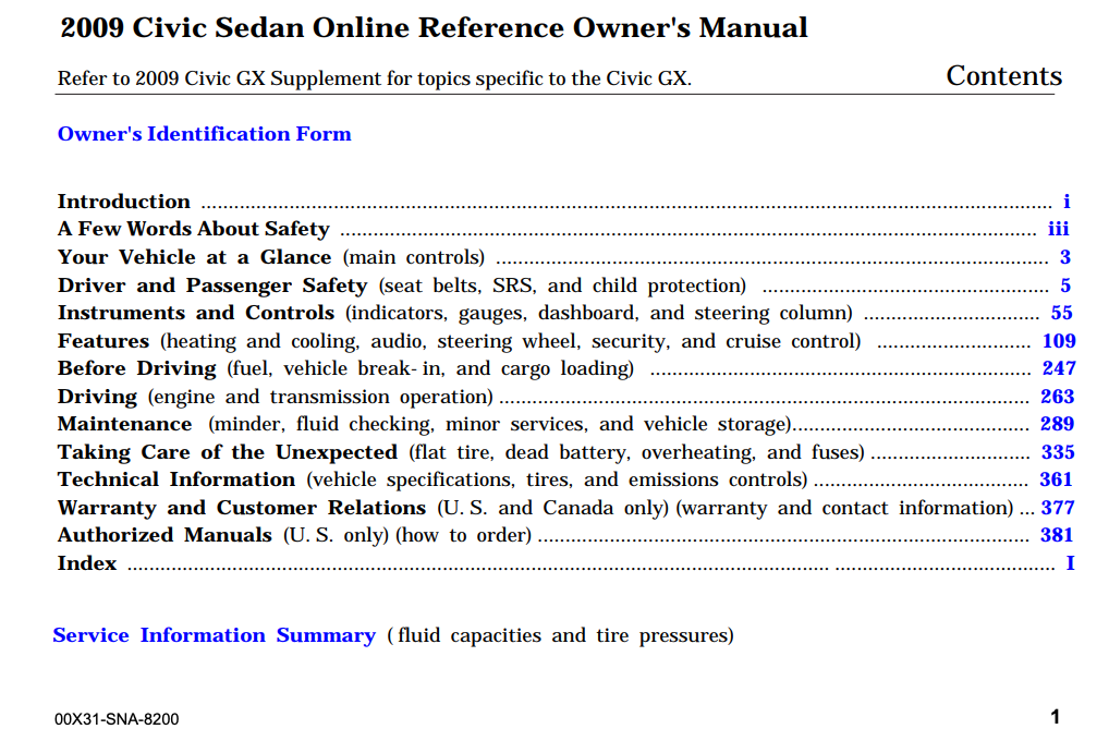 2009 Honda Civic Sedan Online Reference Owner’s Manual Image