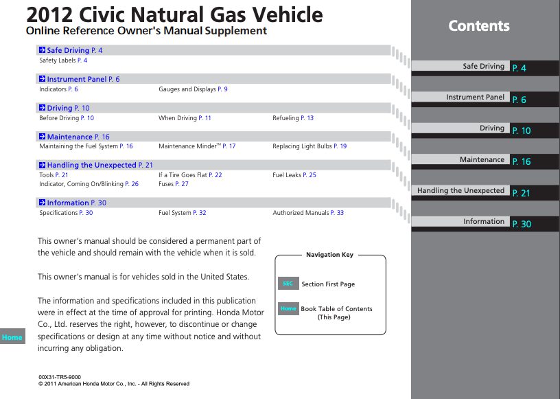 2012 Honda Civic Natural Gas Owner’s Manual Image