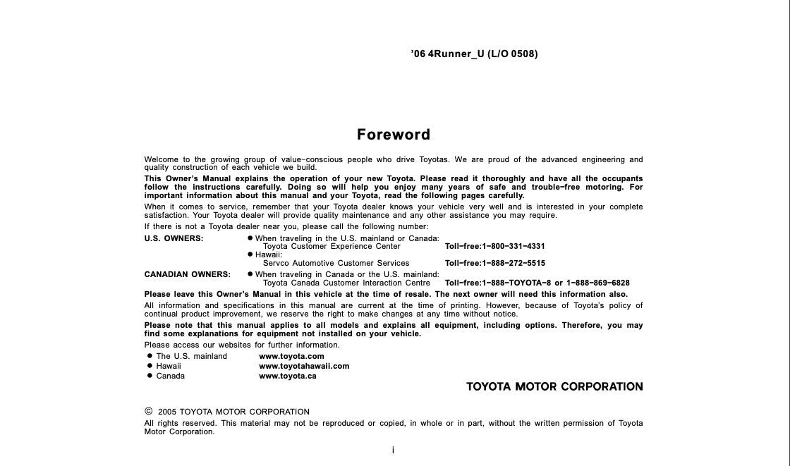 2006 Toyota 4Runner Owner’s Manual (OM35852U) Image