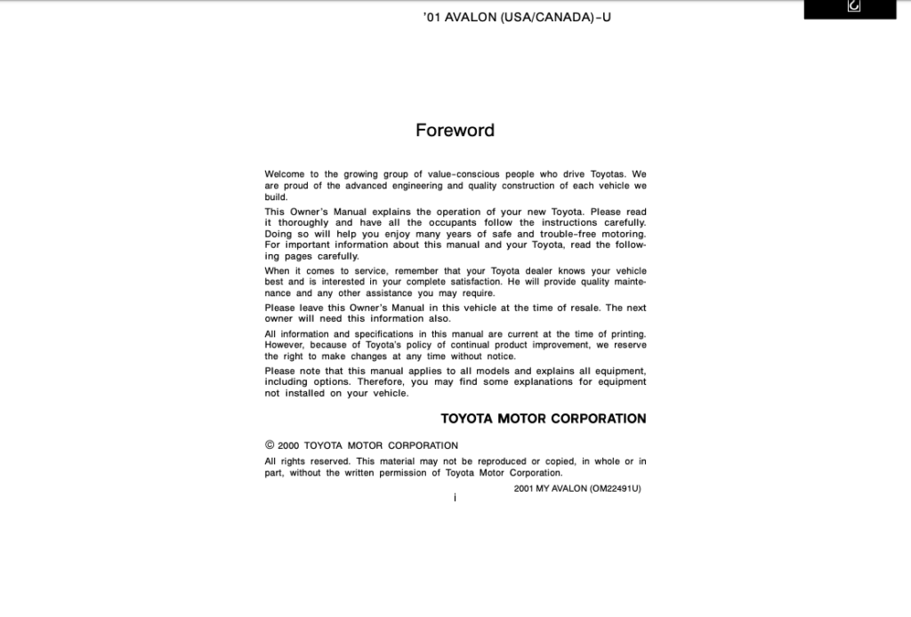 2001 Toyota Avalon Owner’s Manual (OM22491U) Image