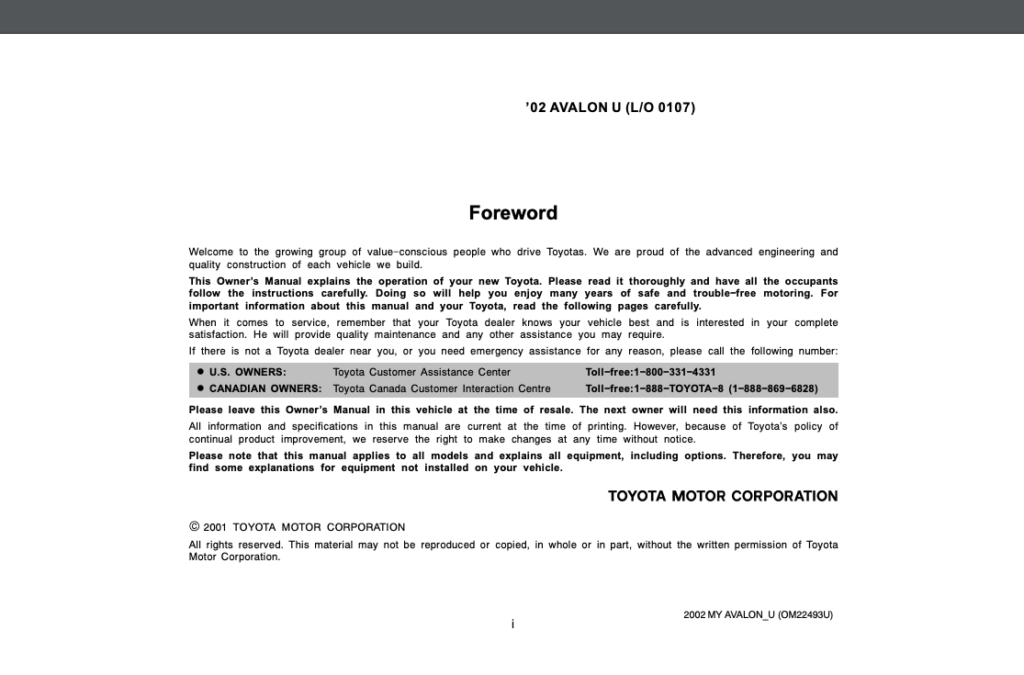 2002 Toyota Avalon Owner’s Manual (OM22493U) Image