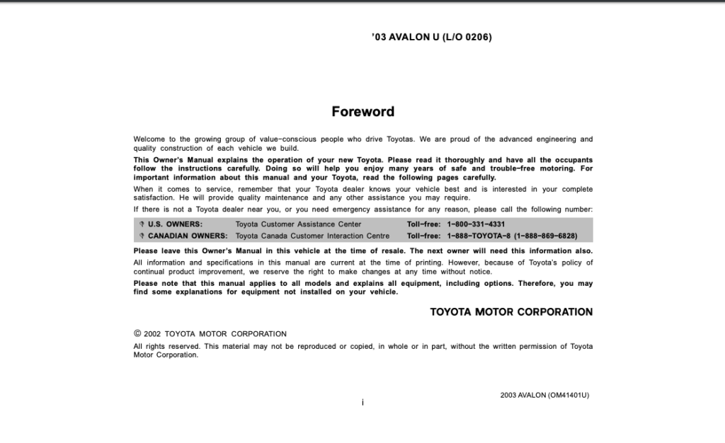 2003 Toyota Avalon Owner’s Manual (OM41401U) Image
