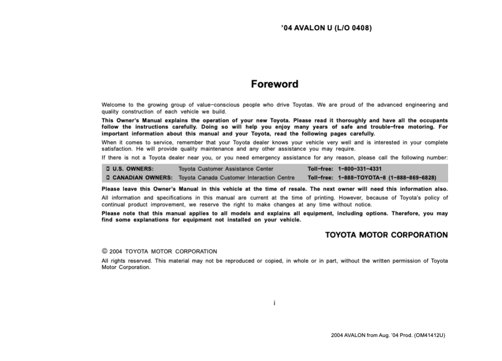 2004 Toyota Avalon Through Jul. 2004 Prod. Owner’s Manual (OM41404U) Image