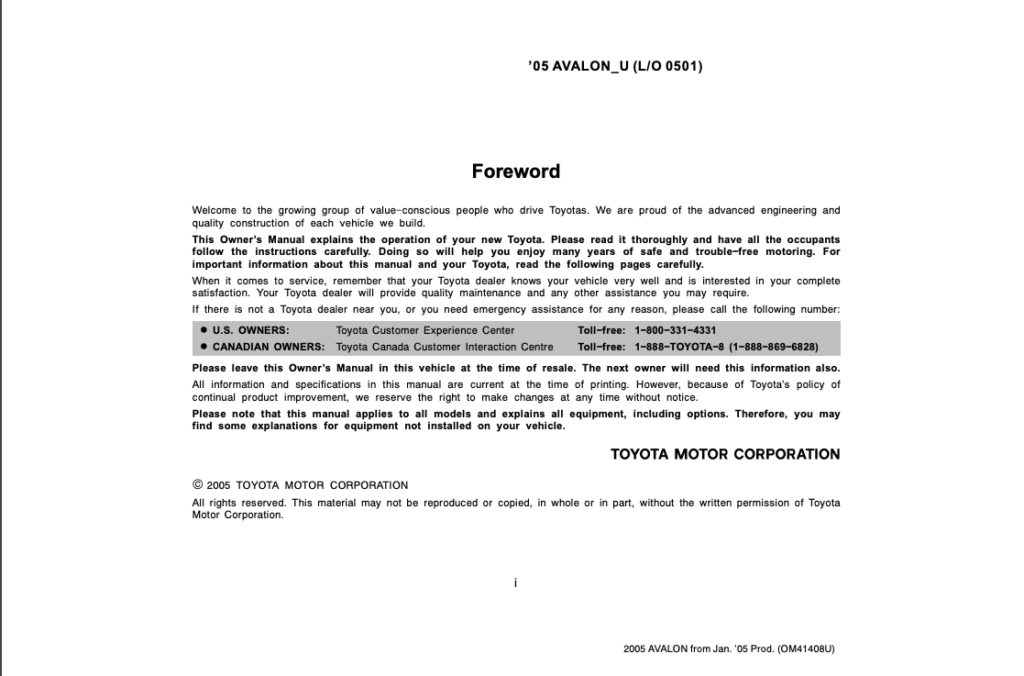2005 Toyota Avalon From Jan. 2005 Prod. Owner’s Manual (OM41408U) Image