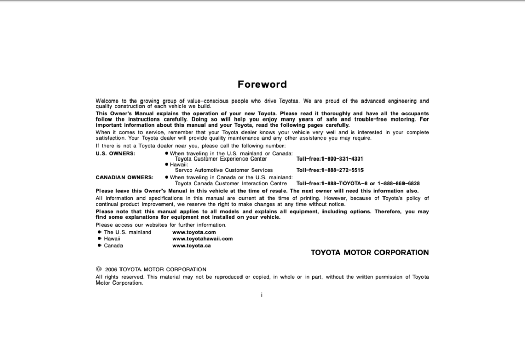 2007 Toyota Avalon Through 2006 Prod Owner’s Manual (OM41418U) Image