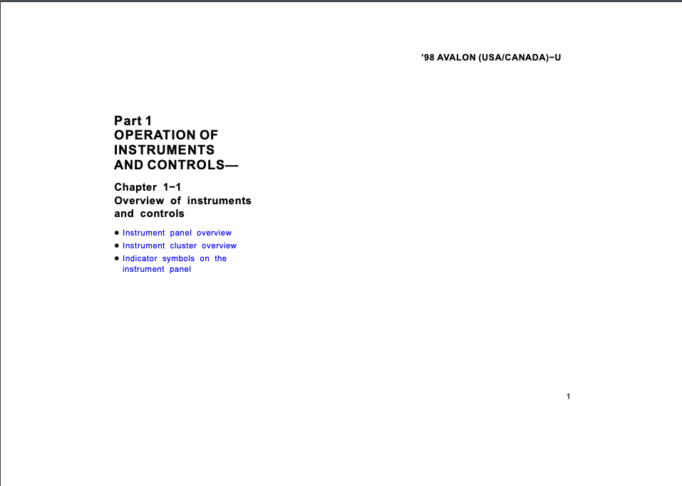 1998 Toyota Avalon Owner’s Manual (OM22484U) Image
