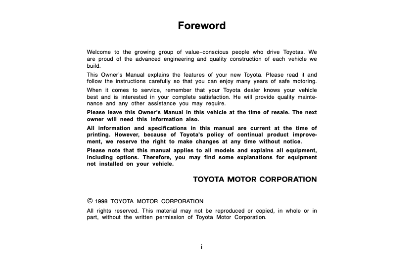 1998 Toyota Sienna Owner’s Manual Image