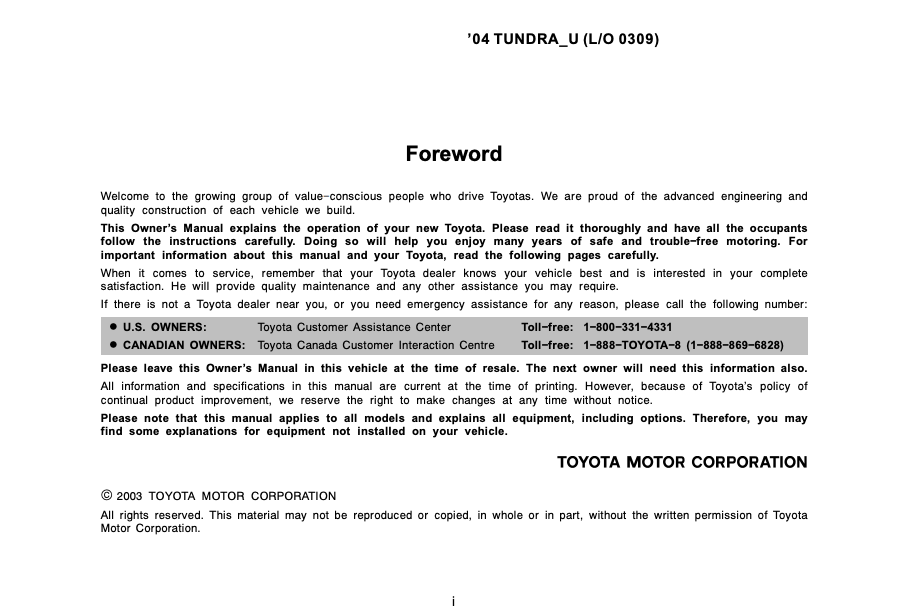 2004 Toyota Tundra Owner’s Manual Image
