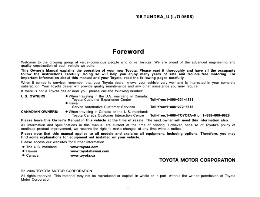 2006 Toyota Tundra Owner’s Manual Image