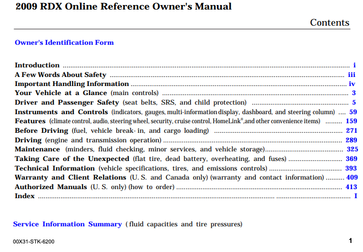 2009 Acura RDX Owner’s Manual Image