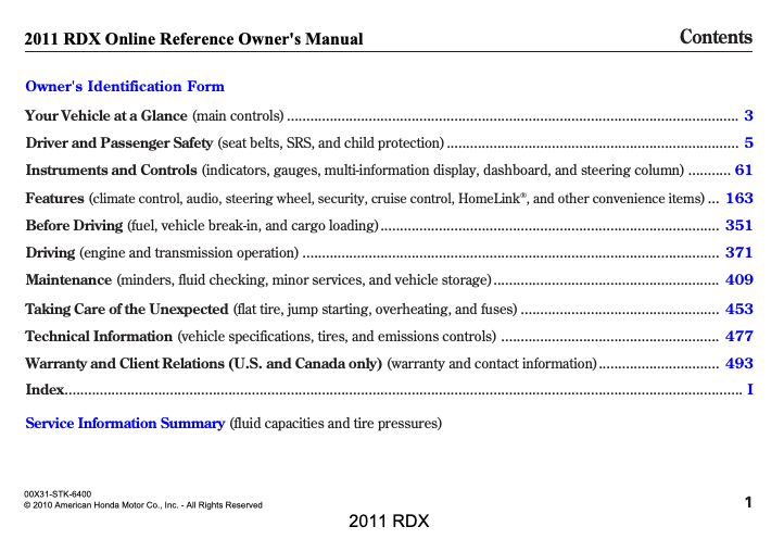 2011 Acura RDX Owner’s Manual Image