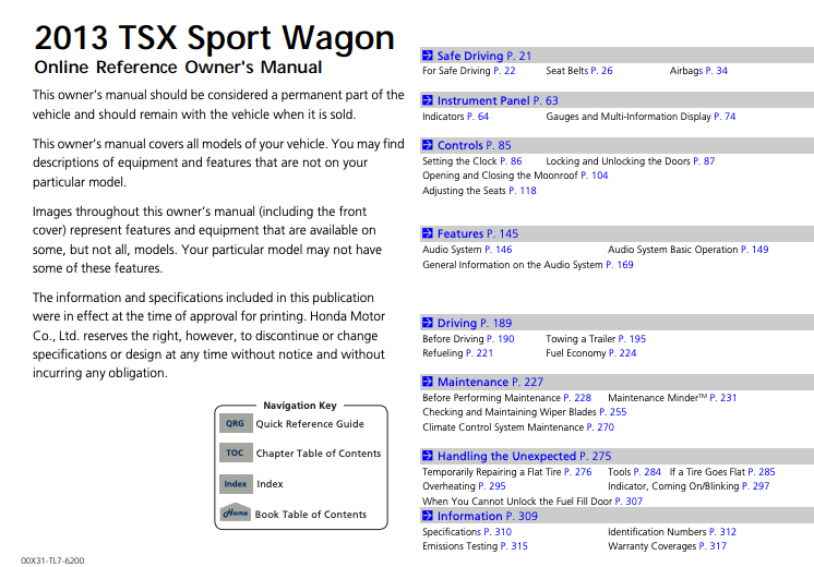 2013 Acura TSX Sports Wagon Owner’s Manual Image