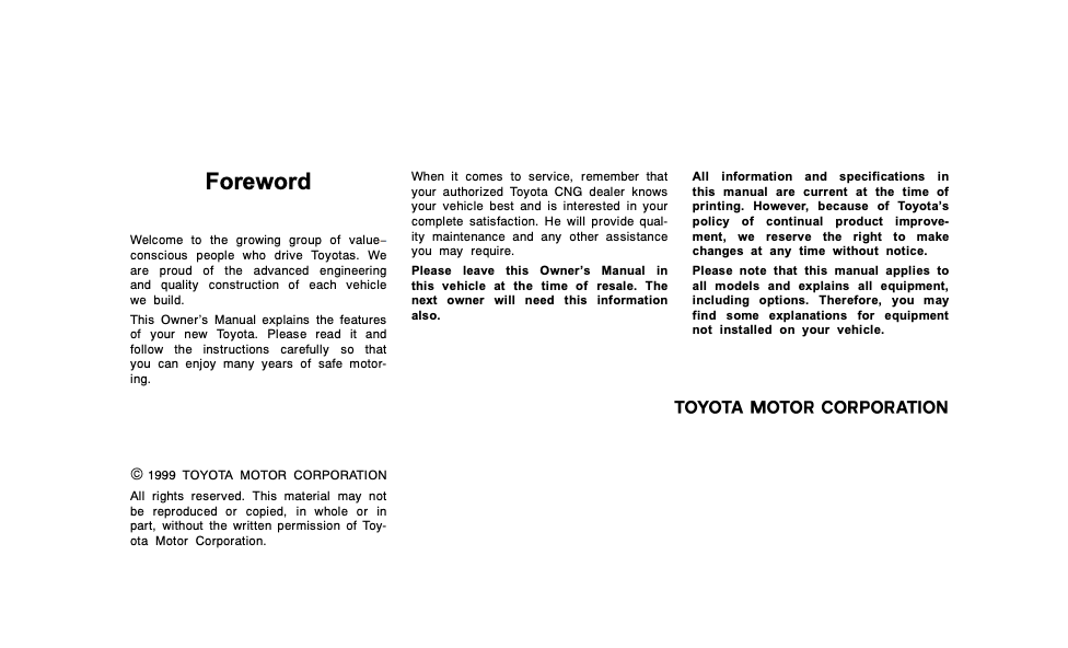 1999 Toyota Camry CNG Owners Manual Image
