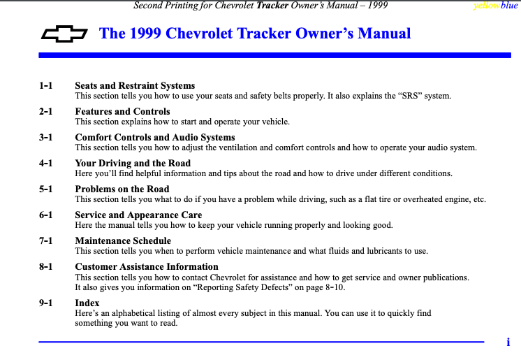 1999 Chevrolet Tracker Owner’s Manual Image