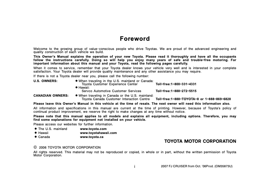 2007 Toyota FJ Cruiser Owners Manual (from Oct. 2006 prod.) Image