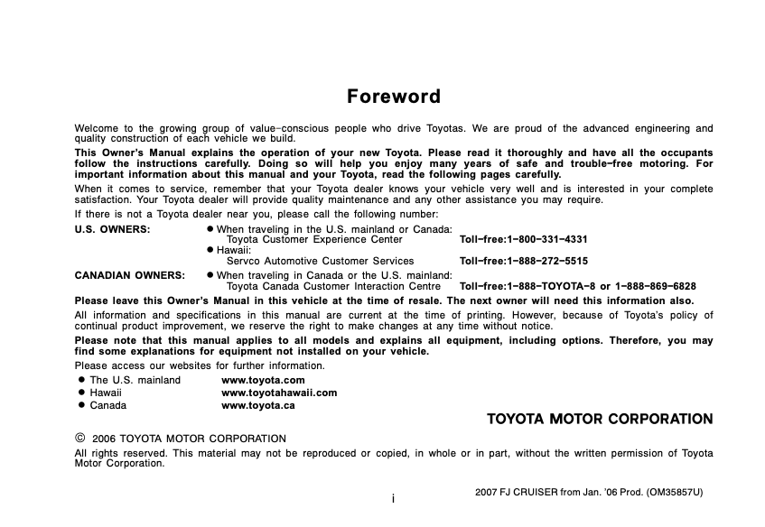 2007 Toyota FJ Cruiser Owners Manual (from Jan. 2006 prod.) Image