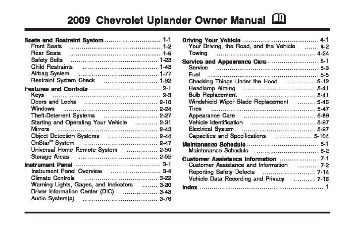 2009 Chevrolet Uplander owner’s manual Image
