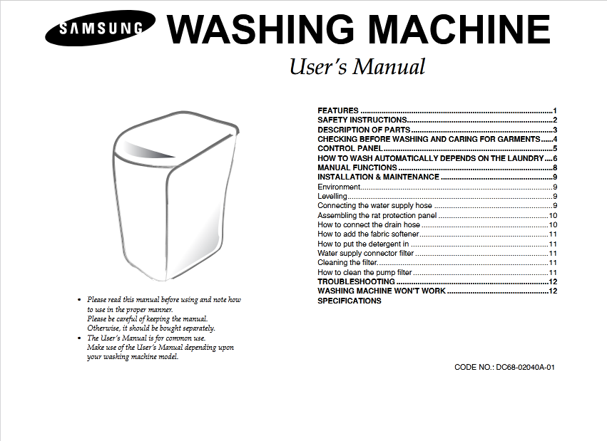 Samsung DC68-02040A-01 Washer/Dryer Image